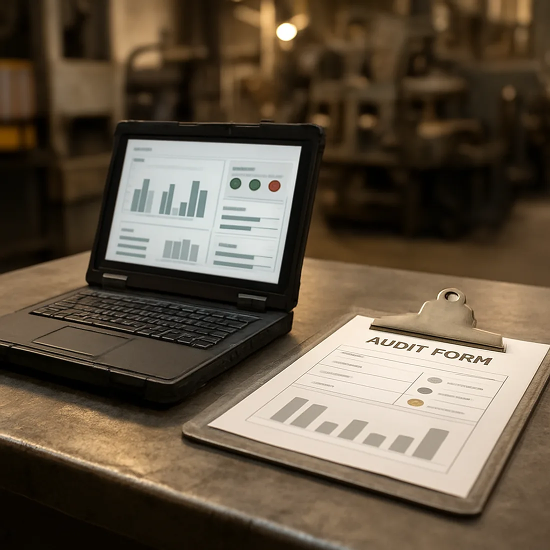 A rugged laptop and metal clipboard on a steel workbench showing KPI dashboards and audit forms on a factory floor