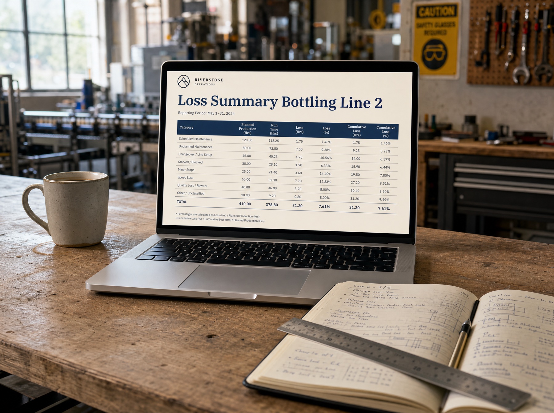 Open laptop on a workbench showing a Cadence Standard Loss Summary report. A coffee mug, an open notebook with handwritten notes, and a steel ruler sit alongside it in a soft-focus industrial workshop.